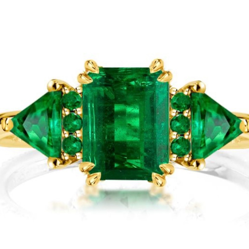 Italo Golden Three Stone Emerald Cut Emerald Engagement Ring